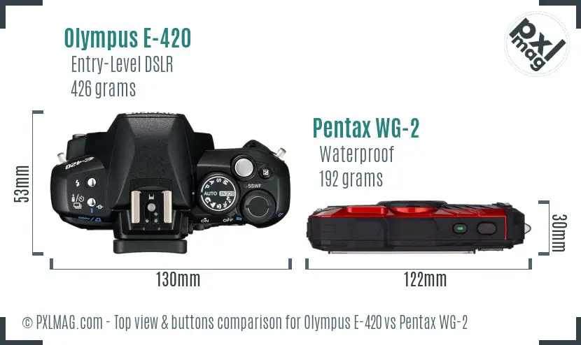 Olympus E-420 vs Pentax WG-2 top view buttons comparison