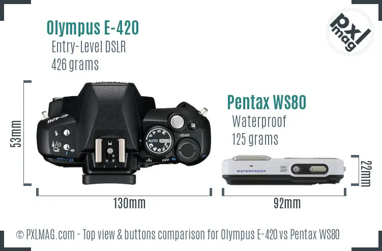 Olympus E-420 vs Pentax WS80 top view buttons comparison