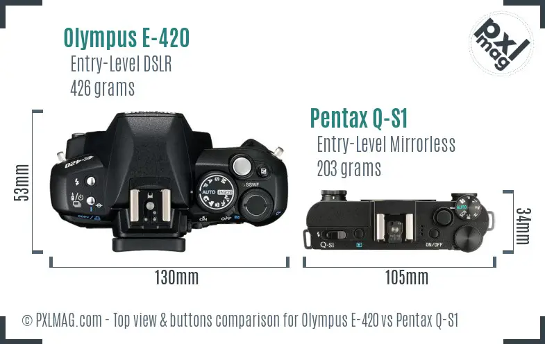 Olympus E-420 vs Pentax Q-S1 top view buttons comparison