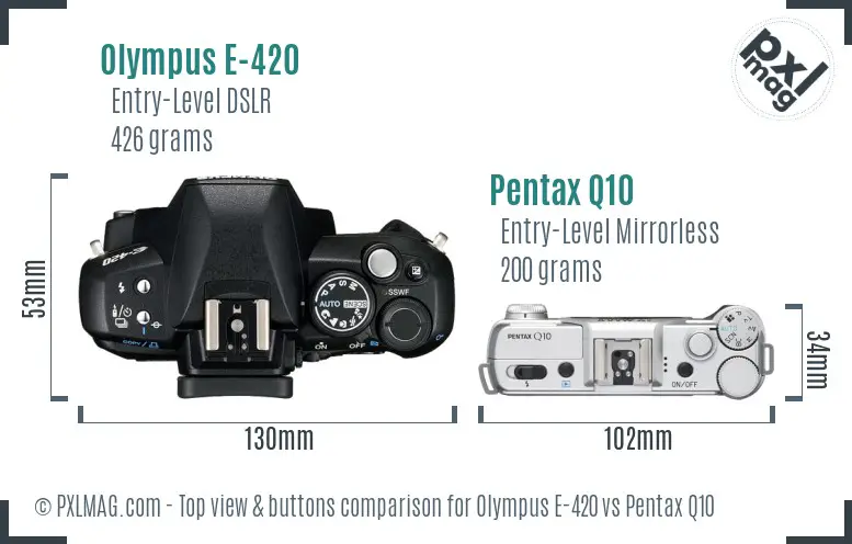 Olympus E-420 vs Pentax Q10 top view buttons comparison