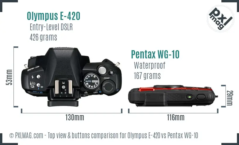 Olympus E-420 vs Pentax WG-10 top view buttons comparison