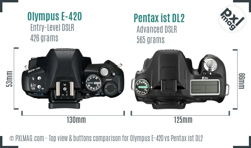 Olympus E-420 vs Pentax ist DL2 top view buttons comparison