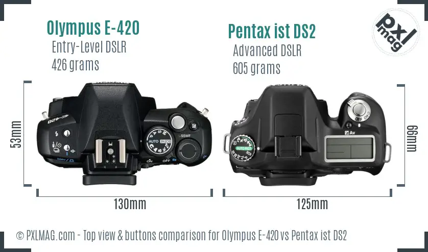 Olympus E-420 vs Pentax ist DS2 top view buttons comparison