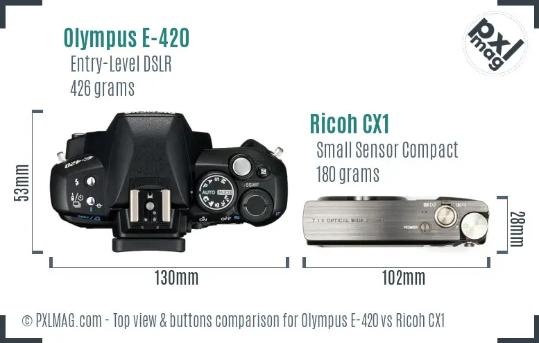 Olympus E-420 vs Ricoh CX1 top view buttons comparison