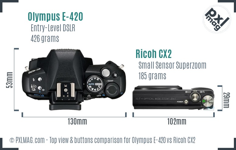 Olympus E-420 vs Ricoh CX2 top view buttons comparison