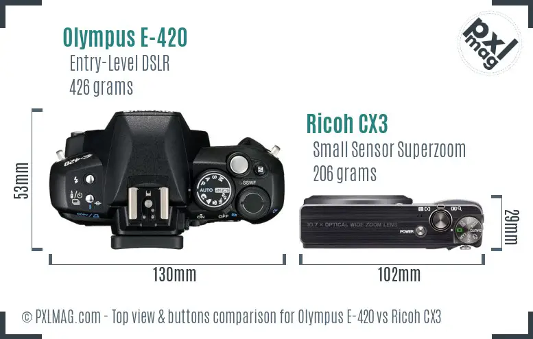 Olympus E-420 vs Ricoh CX3 top view buttons comparison