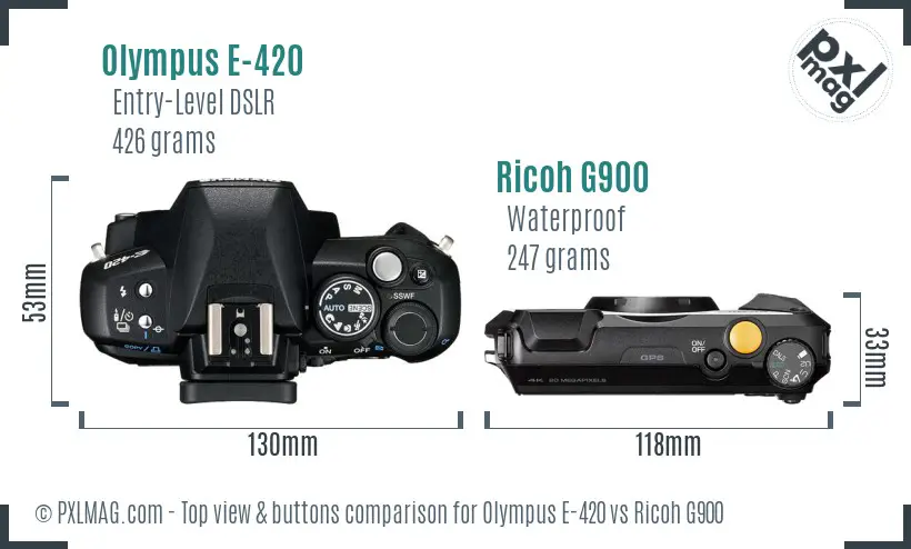 Olympus E-420 vs Ricoh G900 top view buttons comparison
