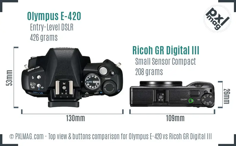 Olympus E-420 vs Ricoh GR Digital III top view buttons comparison