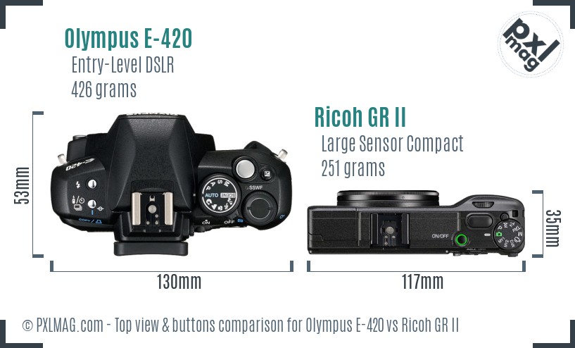 Olympus E-420 vs Ricoh GR II top view buttons comparison
