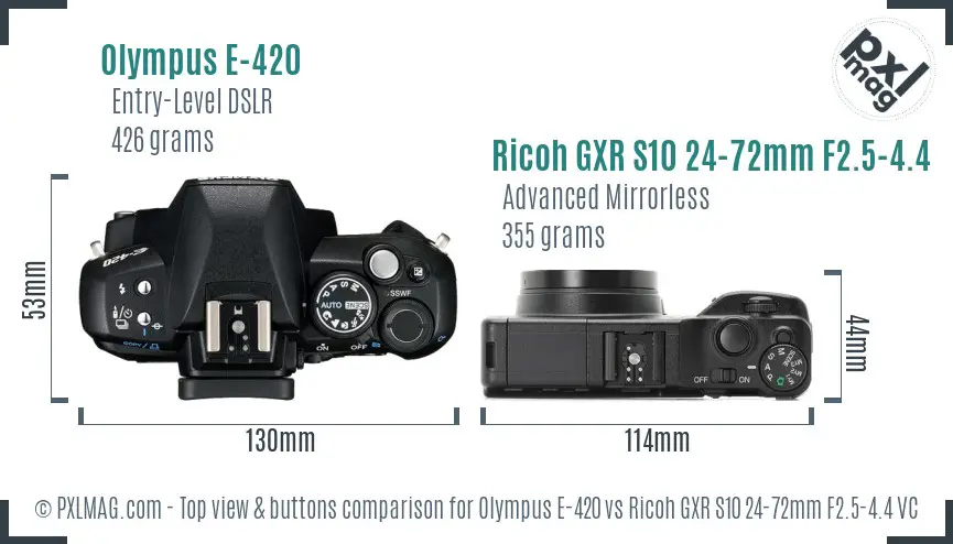 Olympus E-420 vs Ricoh GXR S10 24-72mm F2.5-4.4 VC top view buttons comparison
