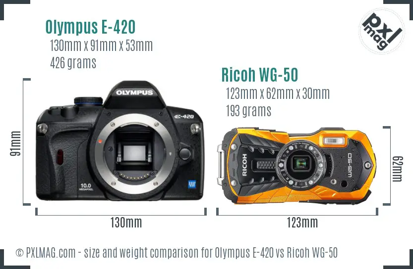 Olympus E-420 vs Ricoh WG-50 size comparison