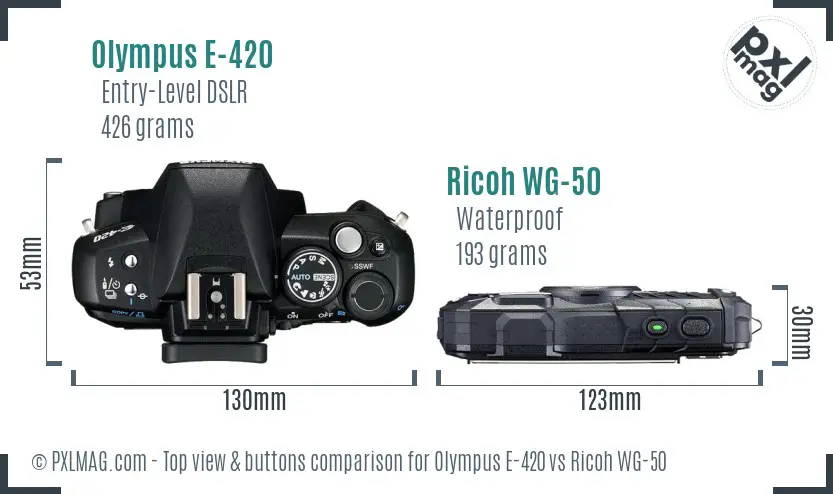 Olympus E-420 vs Ricoh WG-50 top view buttons comparison