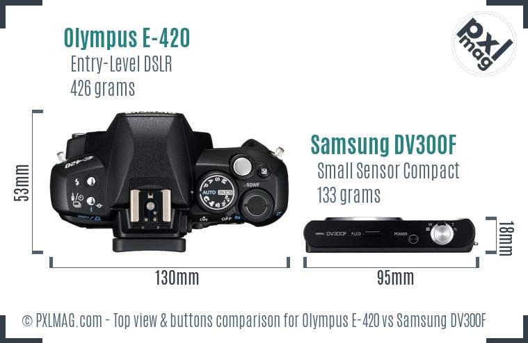 Olympus E-420 vs Samsung DV300F top view buttons comparison