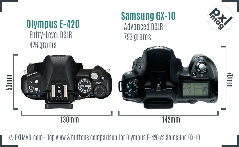 Olympus E-420 vs Samsung GX-10 top view buttons comparison