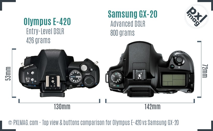 Olympus E-420 vs Samsung GX-20 top view buttons comparison
