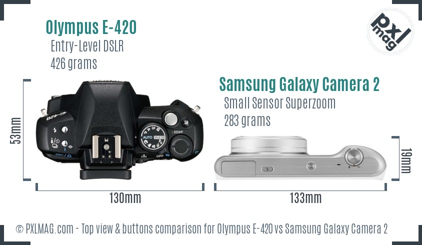 Olympus E-420 vs Samsung Galaxy Camera 2 top view buttons comparison
