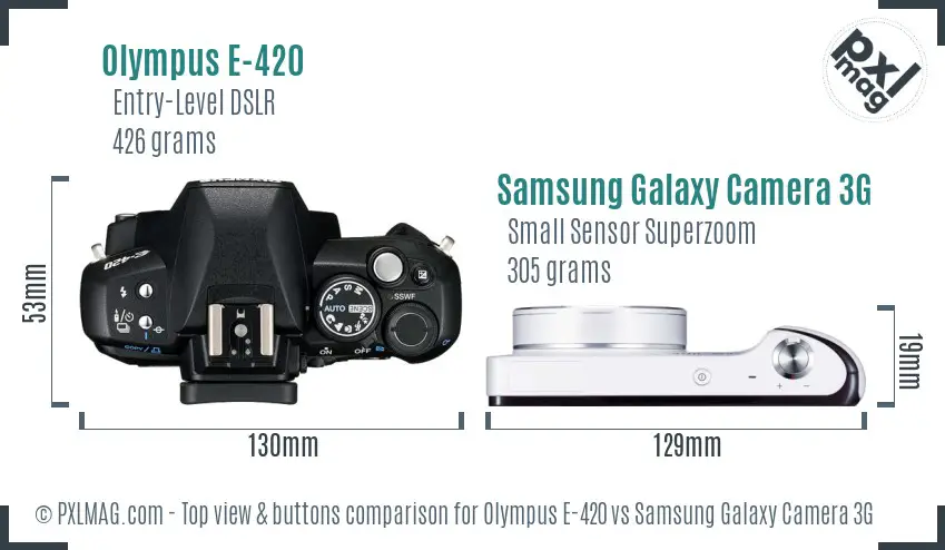 Olympus E-420 vs Samsung Galaxy Camera 3G top view buttons comparison