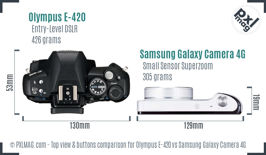 Olympus E-420 vs Samsung Galaxy Camera 4G top view buttons comparison