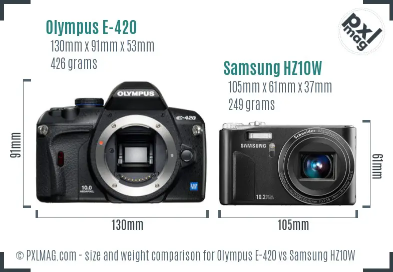 Olympus E-420 vs Samsung HZ10W size comparison