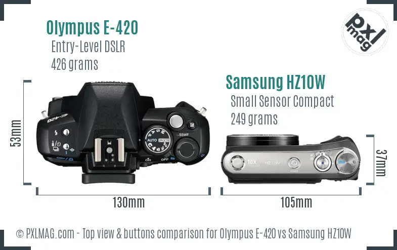 Olympus E-420 vs Samsung HZ10W top view buttons comparison