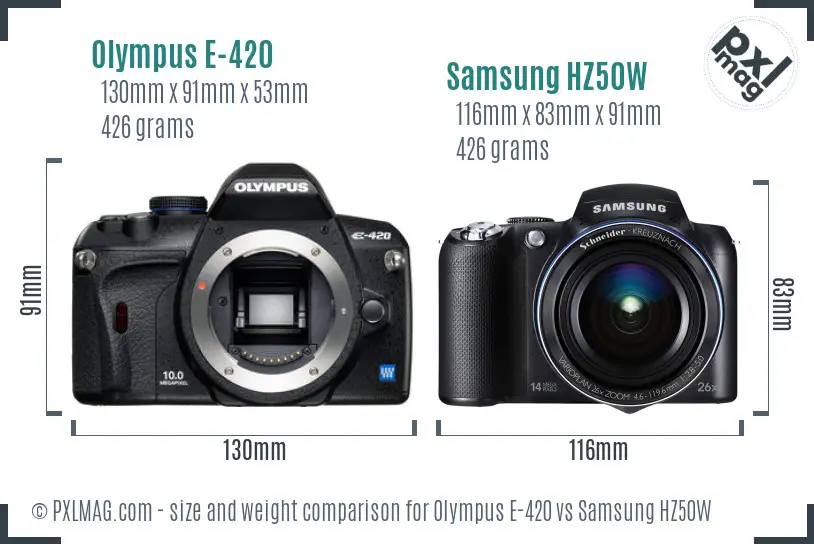 Olympus E-420 vs Samsung HZ50W size comparison