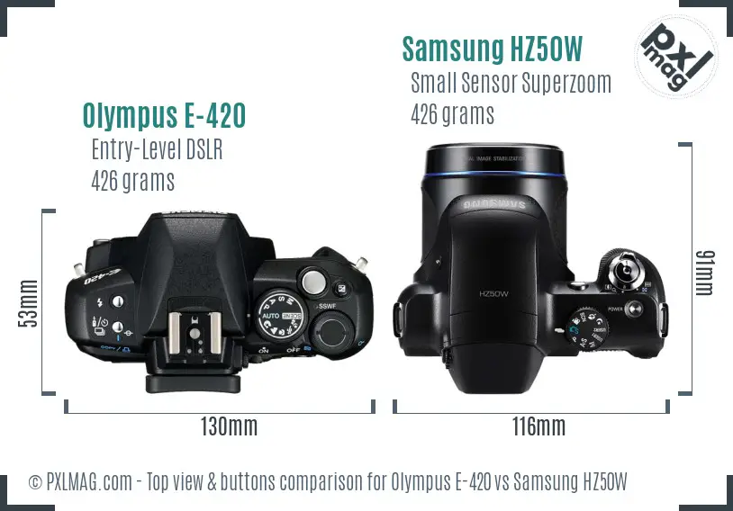 Olympus E-420 vs Samsung HZ50W top view buttons comparison