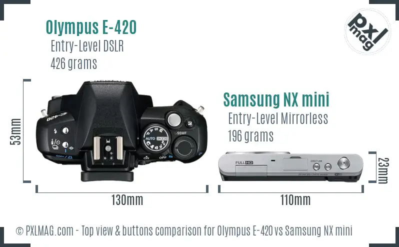 Olympus E-420 vs Samsung NX mini top view buttons comparison