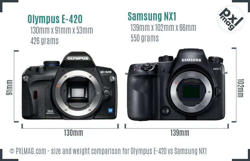 Olympus E-420 vs Samsung NX1 size comparison Olympus E-420 vs Samsung NX1 size comparison