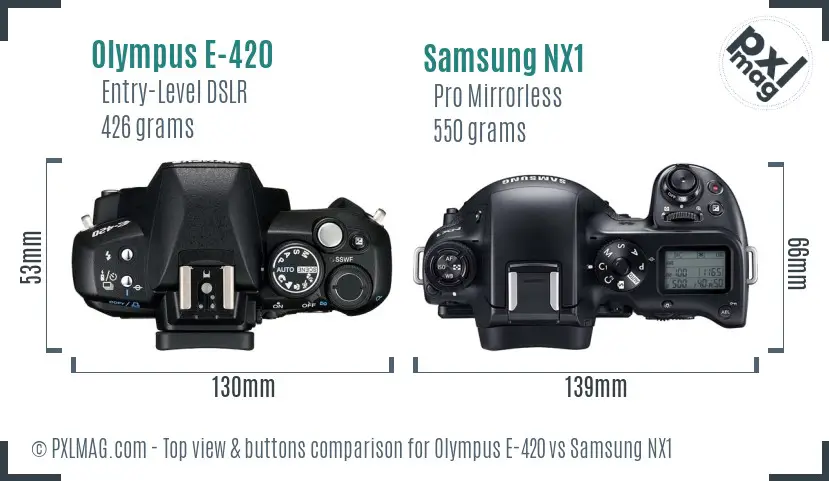 Olympus E-420 vs Samsung NX1 top view buttons comparison Olympus E-420 vs Samsung NX1 top view buttons comparison