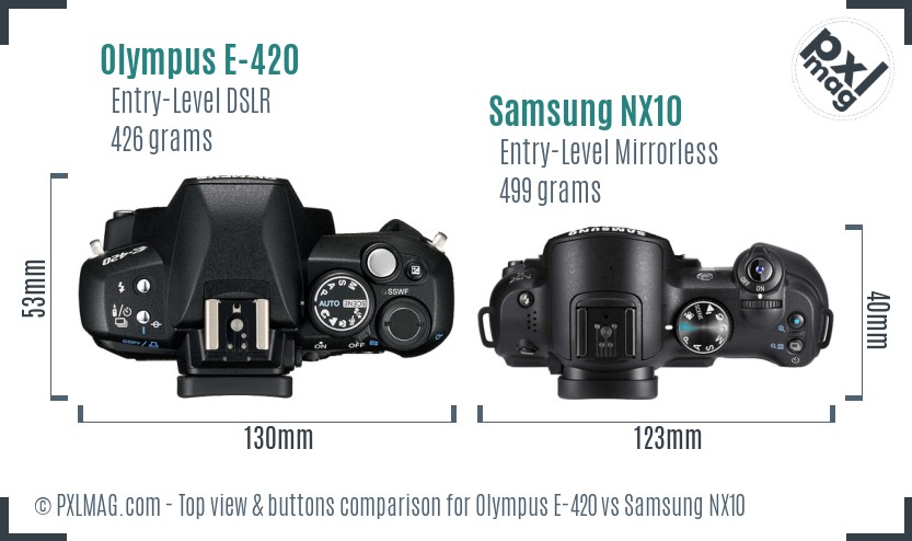 Olympus E-420 vs Samsung NX10 top view buttons comparison