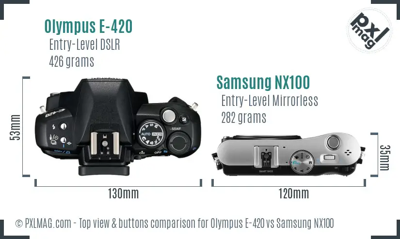Olympus E-420 vs Samsung NX100 top view buttons comparison