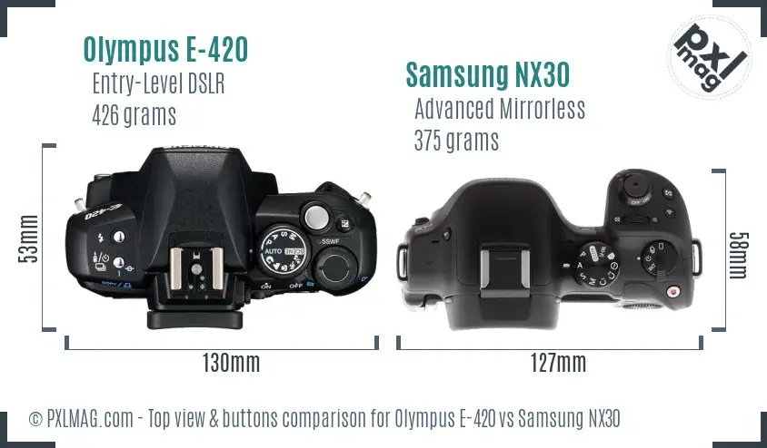 Olympus E-420 vs Samsung NX30 top view buttons comparison