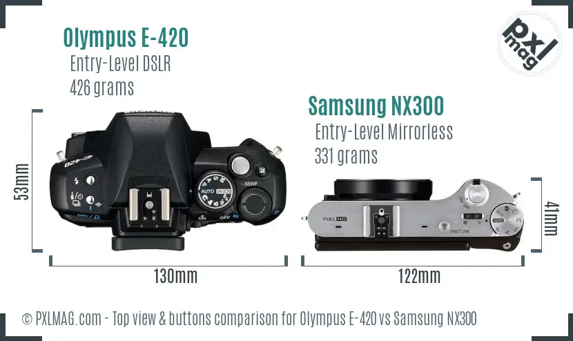 Olympus E-420 vs Samsung NX300 top view buttons comparison