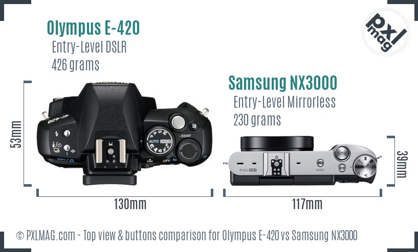 Olympus E-420 vs Samsung NX3000 top view buttons comparison