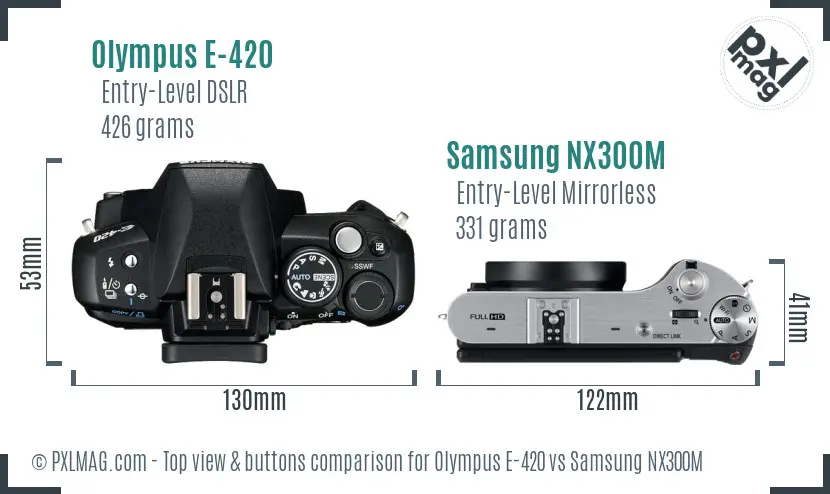 Olympus E-420 vs Samsung NX300M top view buttons comparison