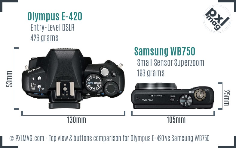 Olympus E-420 vs Samsung WB750 top view buttons comparison