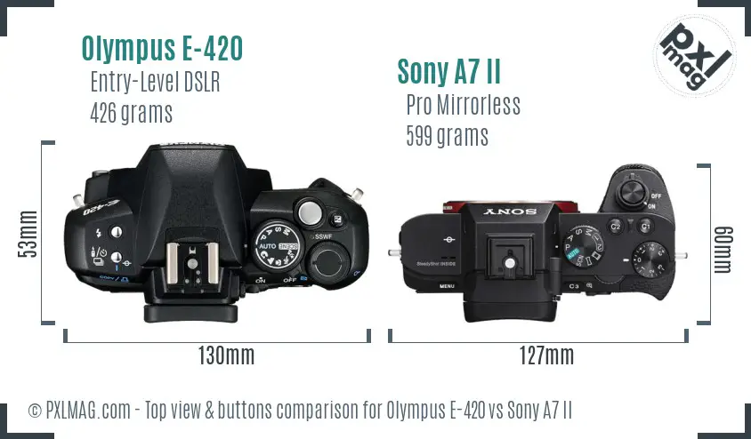 Olympus E-420 vs Sony A7 II top view buttons comparison