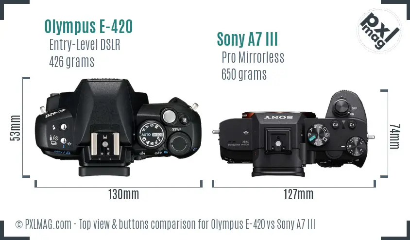 Olympus E-420 vs Sony A7 III top view buttons comparison