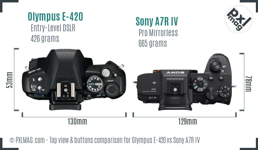 Olympus E-420 vs Sony A7R IV top view buttons comparison