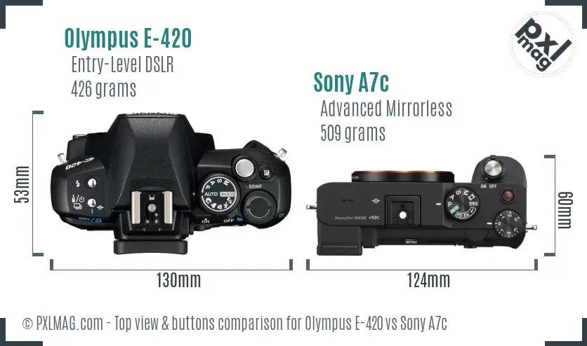 Olympus E-420 vs Sony A7c top view buttons comparison