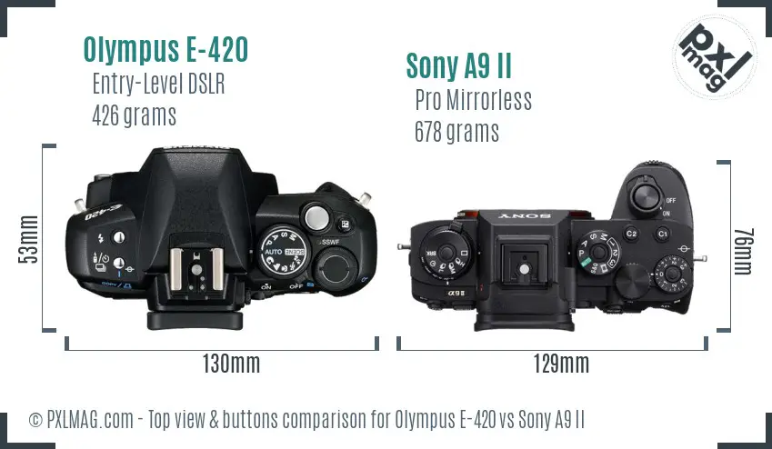 Olympus E-420 vs Sony A9 II top view buttons comparison