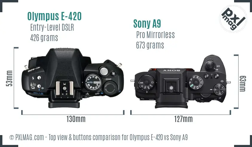 Olympus E-420 vs Sony A9 top view buttons comparison Olympus E-420 vs Sony A9 top view buttons comparison