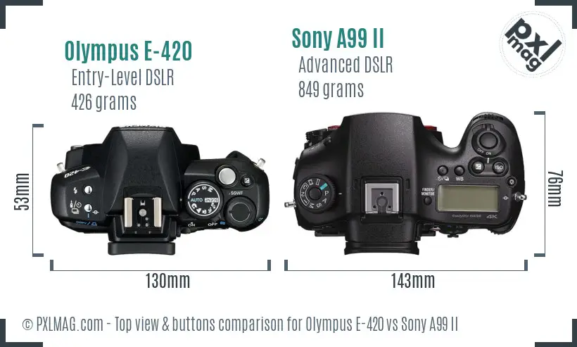 Olympus E-420 vs Sony A99 II top view buttons comparison