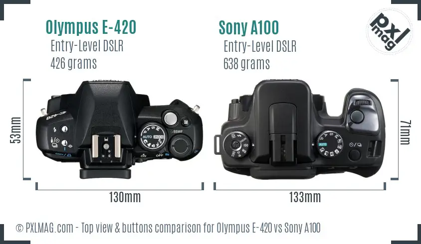 Olympus E-420 vs Sony A100 top view buttons comparison