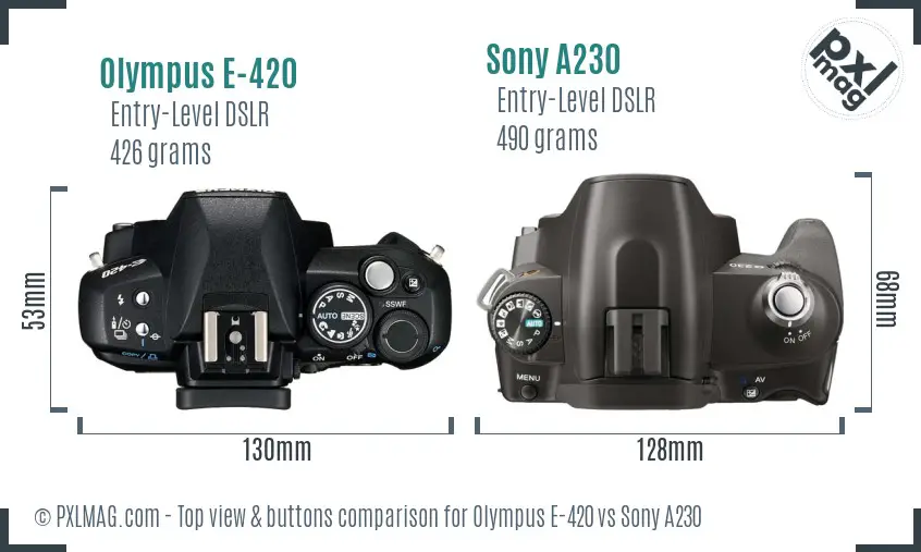 Olympus E-420 vs Sony A230 top view buttons comparison