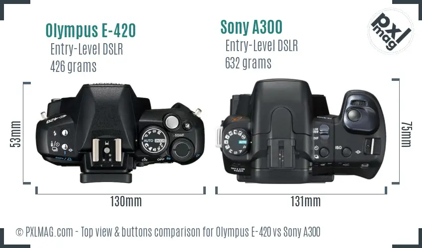 Olympus E-420 vs Sony A300 top view buttons comparison