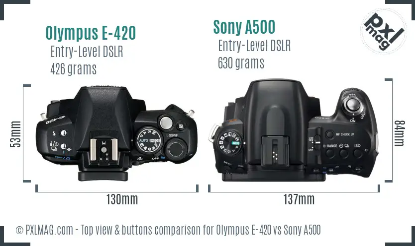 Olympus E-420 vs Sony A500 top view buttons comparison