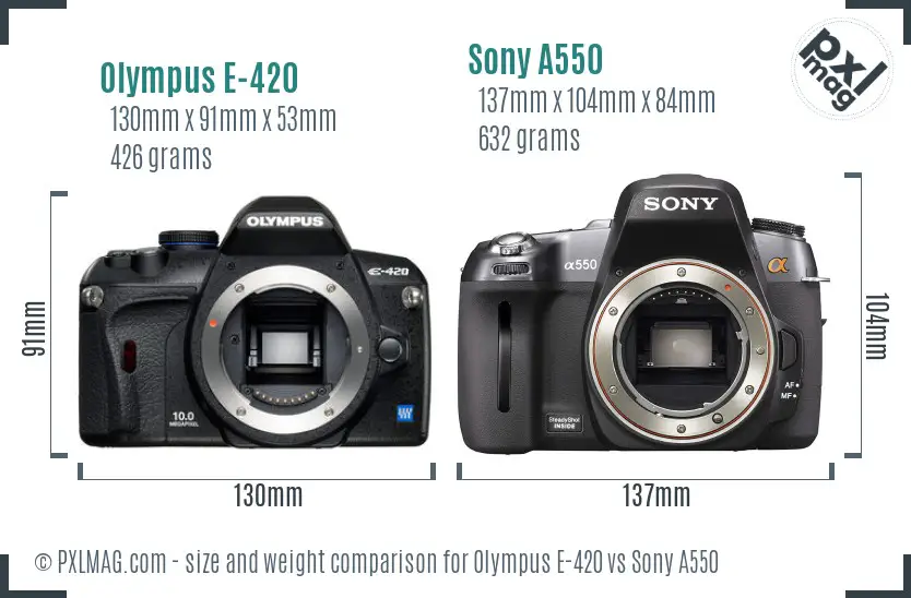 Olympus E-420 vs Sony A550 size comparison