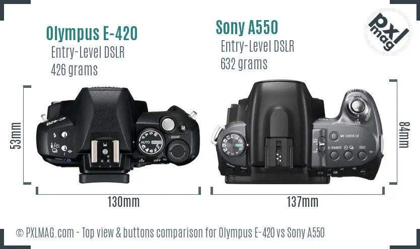 Olympus E-420 vs Sony A550 top view buttons comparison