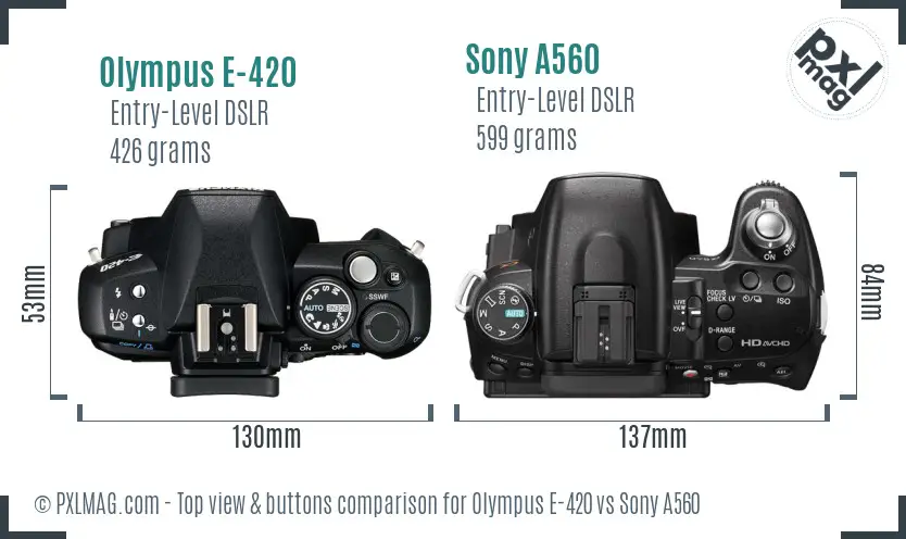 Olympus E-420 vs Sony A560 top view buttons comparison